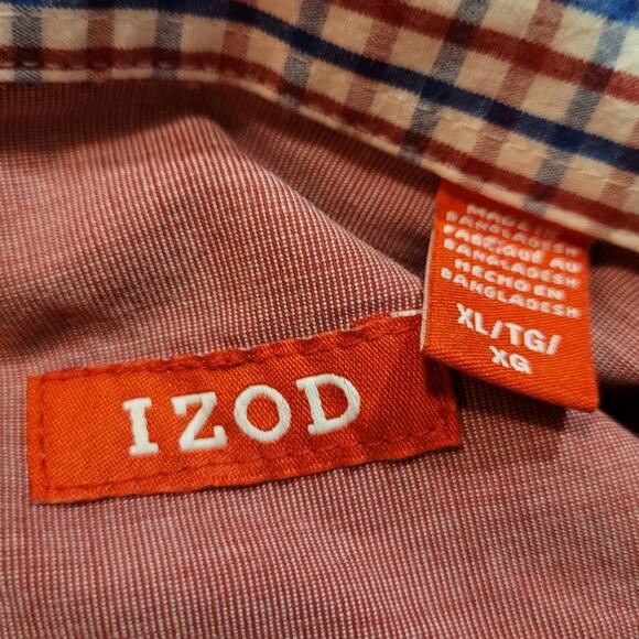 Izod Red Chambray Button Down Shirt XL Cotton Classic Preppy Check Collar Logo - Picture 5 of 10